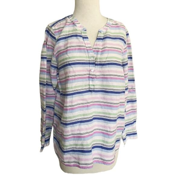 Talbots Striped Long Sleeves Henley Neck White Striped Linen Shirt L Petite - Picture 1 of 5
